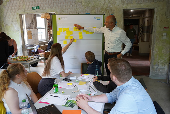 Falk Maiwald und junge Teilnehmende arbeiten an einer Pinnwand mit Post-it-Notizen während eines Workshops.