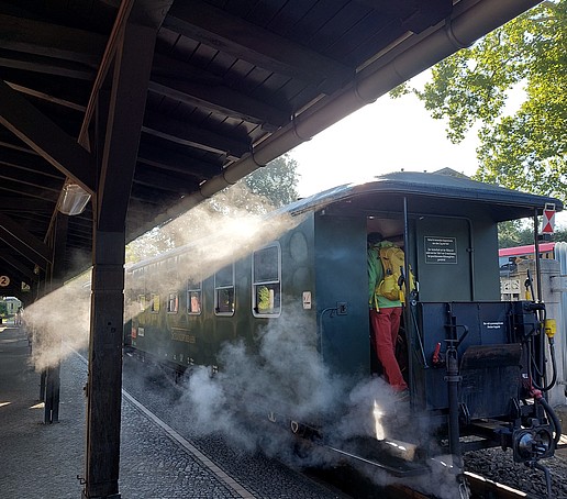 The steam locomotive in the mountains.