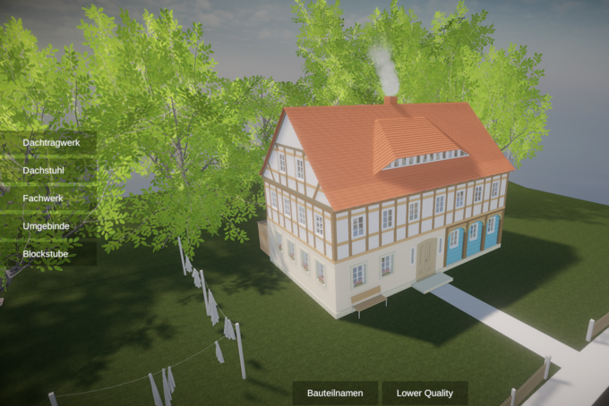 A computer-animated half-timbered house